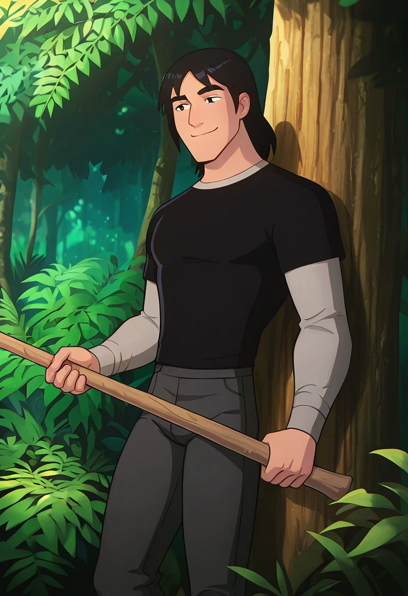masterpiece, best quality, amazing quality, very aesthetic, absurdres, newest,
kevaf, black hair, 1boy, solo, black shirt, layered sleeves, short over long sleeves, thick eyebrows,
smile, holding stick, wooden stick, brown hand, smile, nature, jungle, hand on tree,