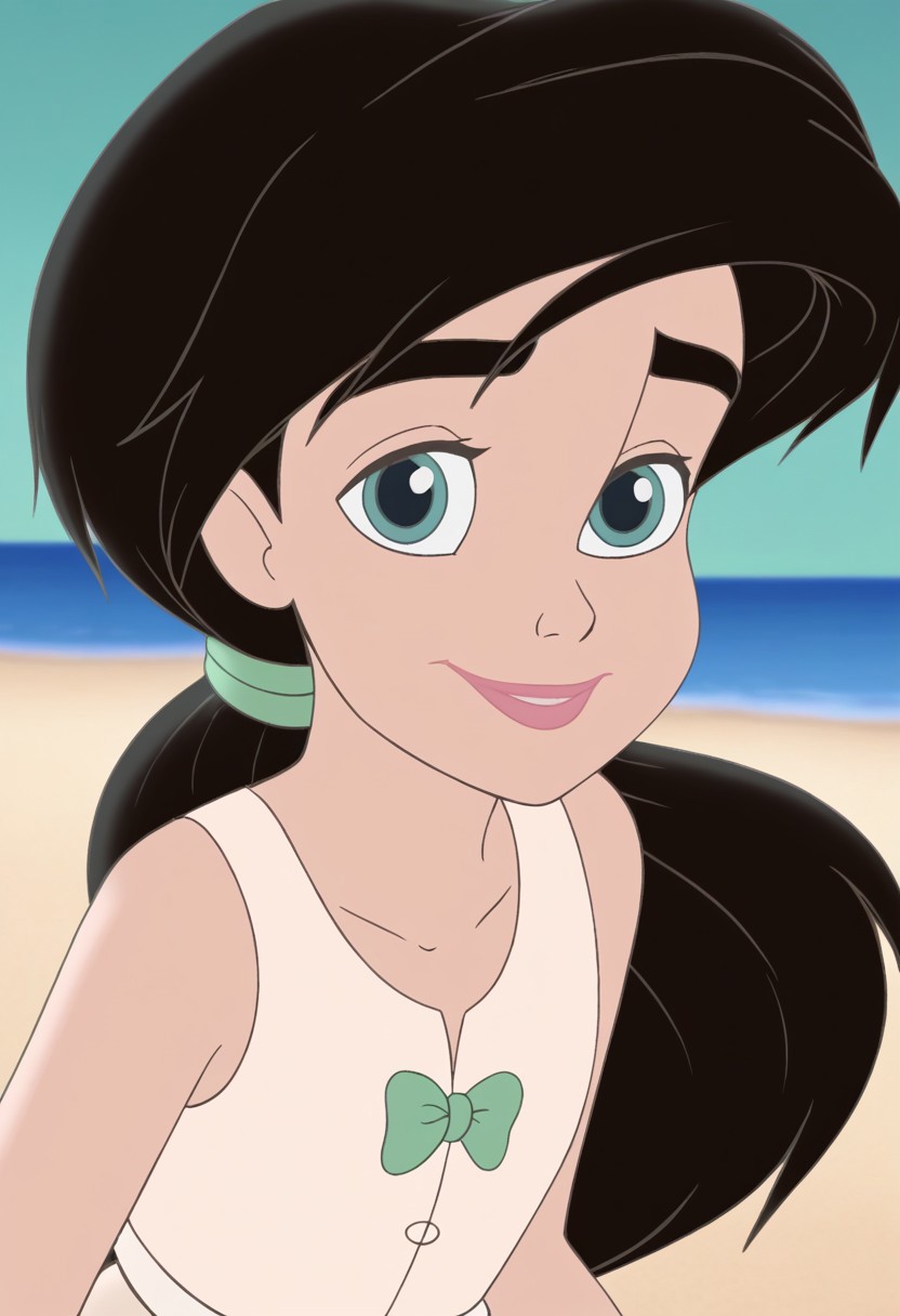 close up,melody,aqua eyes,black hair, ponytail,pink lips,smile,thick eyebrows,arms down,white undershirt,sleeveless,green bowtie,green hairband,white pantalettes,beach background
