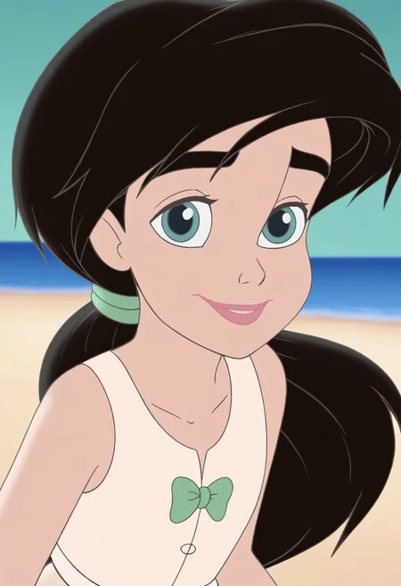 close up,melody,aqua eyes,black hair, ponytail,pink lips,smile,thick eyebrows,arms down,white undershirt,sleeveless,green bowtie,green hairband,white pantalettes,beach background