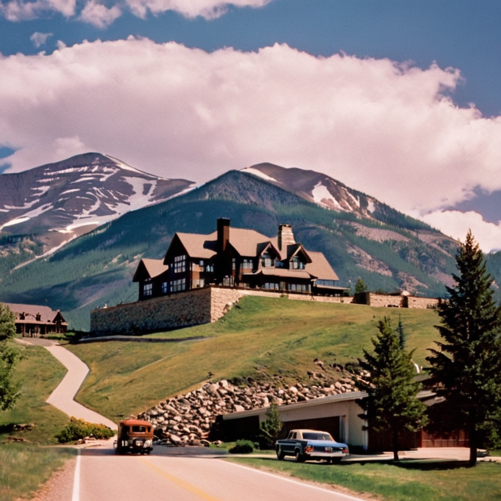UHD, 4k, ultra detailed, cinematic, a photograph of  <lora:perfection style:0.5> <lora:detailed:0.5> perfection detailed
 <lora:The Shining film style:0.9>
 <lora:1980's style:0.4>
In the 1980's in the Colorado Rocky Mountains a large building with a mountain in the background,outdoors,sky,day,cloud,tree,blue sky,no humans,grass,building,nature,scenery,mountain,road,house,town , cinematic, film, kodak, The Shining film style, epic, beautiful lighting, inpsiring