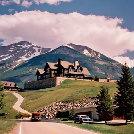 UHD, 4k, ultra detailed, cinematic, a photograph of <lora:perfection style:0.5> <lora:detailed:0.5> perfection detailed
<lora:The Shining film style:0.9>
<lora:1980's style:0.4>
In the 1980's in the Colorado Rocky Mountains a large building with a mountain in the background,outdoors,sky,day,cloud,tree,blue sky,no humans,grass,building,nature,scenery,mountain,road,house,town , cinematic, film, kodak, The Shining film style, epic, beautiful lighting, inpsiring