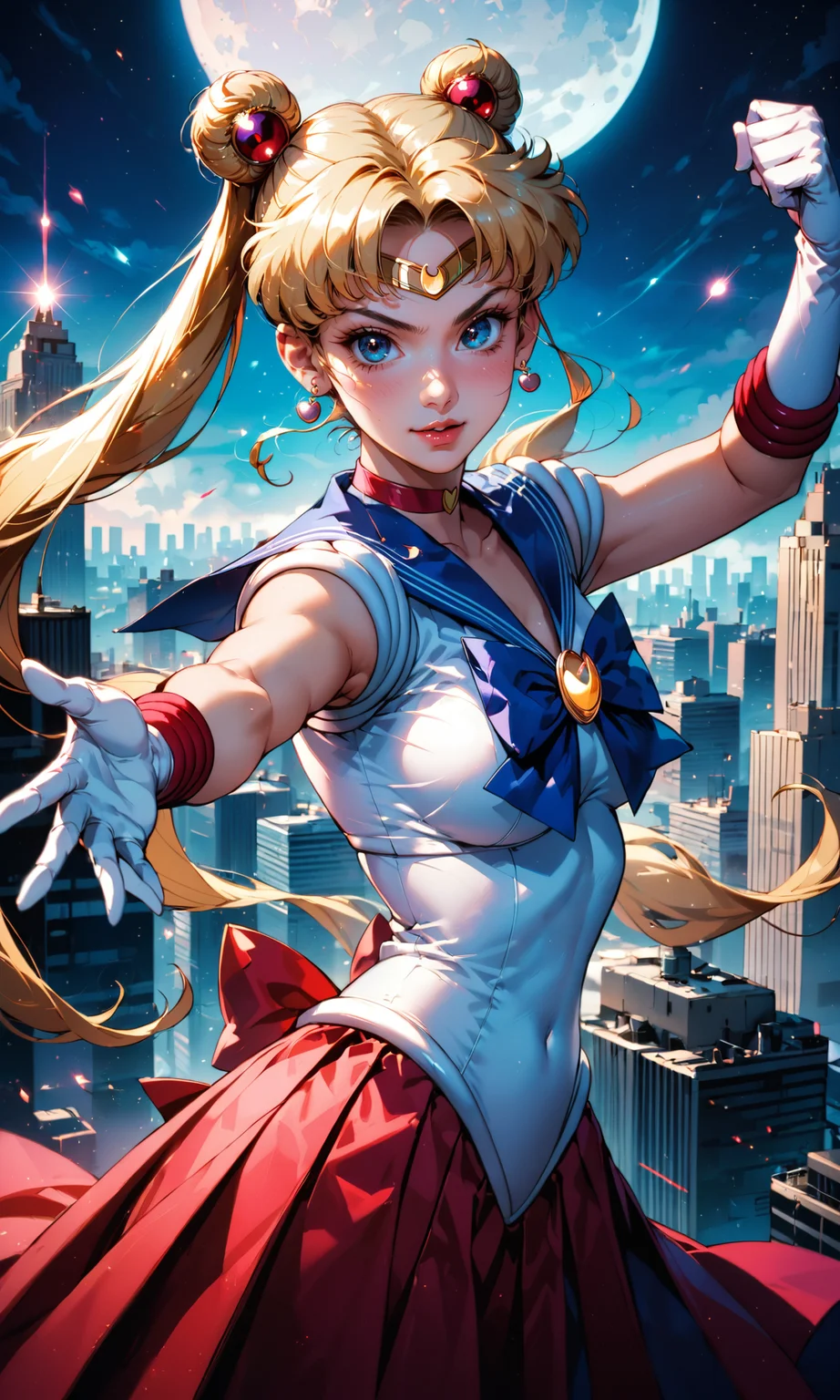 4n1v3rs3 score_9, score_8_up, score_7_up, BREAK
Tsukino Usagi, throwing Moon Tiara, Sailor Moon outfit, dynamic pose, intense expression, magical energy, cityscape background, high detail, photorealistic, vibrant colors
white gloves,
