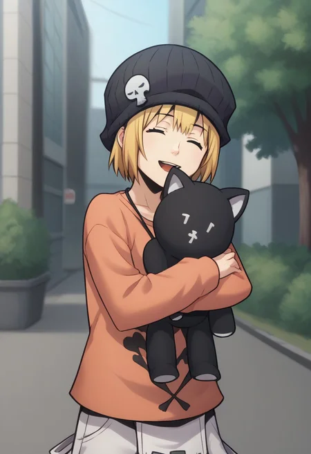 score_9, score_8_up, score_7_up, source_anime, highly detailed, 
raimu, solo, blue eyes, blonde hair, hat, smile, open mouth, closed eyes, shirt, black headwear, beanie, long sleeves, short hair,  bangs, skull print, 1girl, orange shirt, sleeves past wrists, 
stuffed toy, stuffed cat, hug toy,
outdoor, street, tree,