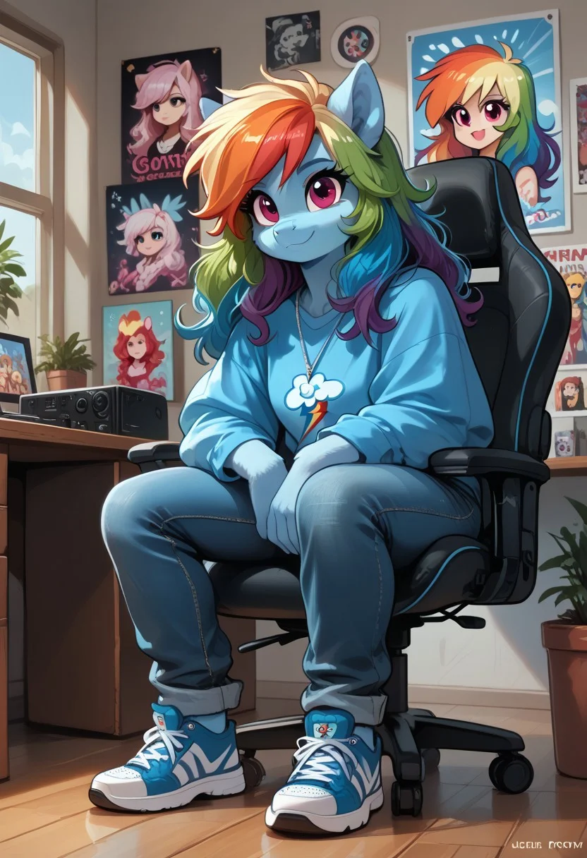 score_9, score_8_up, score_7_up,MegaFluffyPony, furry, fluffy, egirl ( loose hair flowing hy(mlp) 1.2), cute, very fuzzy, Copyright
friendship is magic  hasbro my little pony
Character                                                                                       Rainbow dash (mlp)
General necklace taller rainbow hair BREAk: detailed background wearing a long sleeve shirt wearing jeans cutie mark blue sneakers sitting on gaming chair posters pictures on wall
