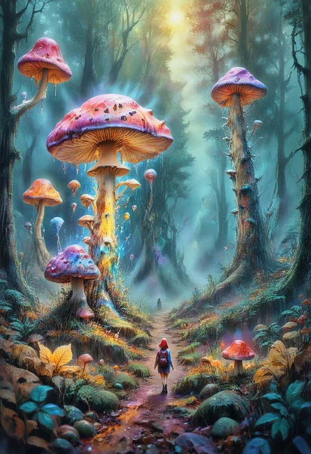 watercolor painting, Surreal, Fantasy landscape. enchanted forest. huge oversized colorful mushrooms. realistic textures and glowing edges. Autumn leaves and soft msoos on forest floor. Sunlight. Fog. woman. little human woman with backpack. walks along a narrow forest path, emphasizing the size of the gigantic mushrooms. magical and dreamlike., surreal, ultra quality , 8k, best quality, masterpiece, textural, artistic, midjourneyv6.1, cube, surr, cube impression, vivid color, Colorful Chaos Cracks and Drops, psychedelicv2lora, colorful, psychvibes artstyle, abstract, scenery, PEEpicLand, illustration