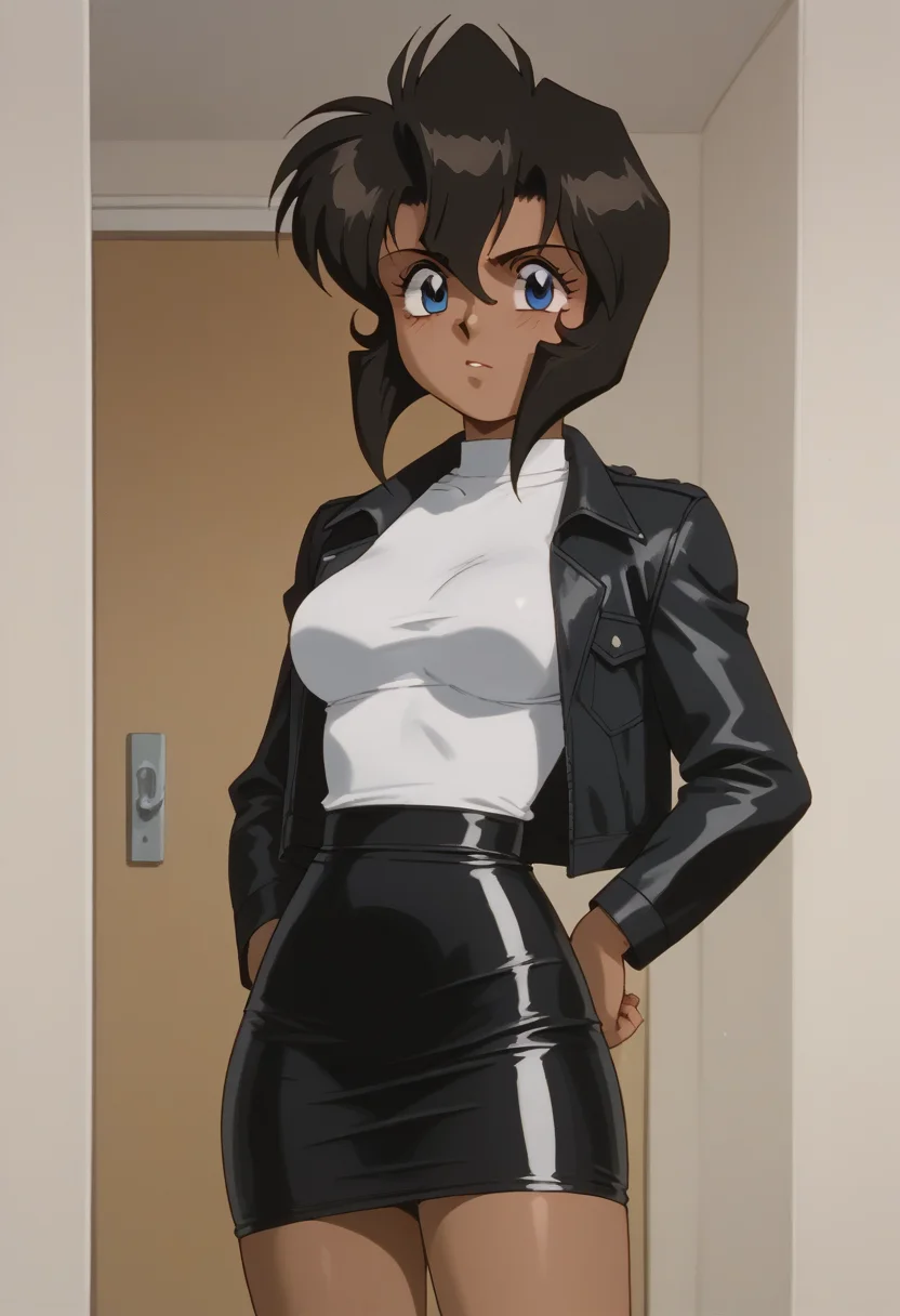 score_9, score_8_up, score_7_up, score_6_up
BREAK
<lora:Gunsmith:1> gunsmith, rally vincent, black hair, dark-skinned female, short hair, blue eyes,latex jacket, white tshirt, latex skirt,sexy pose,