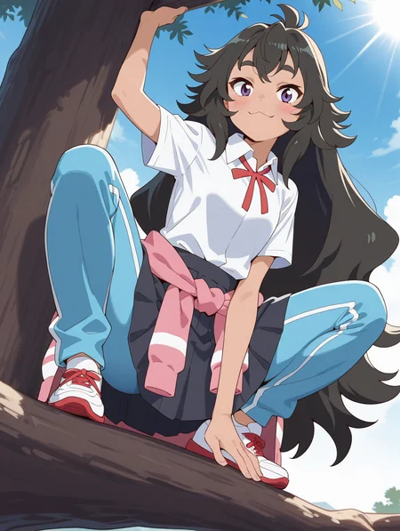 (masterpiece:1.4), (best quality:1.4),  very aesthetic, newest,best quality, amazing quality, very aesthetic, absurdres,
1girl,kouki_kokoro,purple eyes, black hair,  long hair, very long hair,messy hair,
,smile,,looking at viewer,:3
squatting,spread legs, on tree,sky,sun
soles,dutch angle
 <lora:kouki_kokoro:1>
school uniform,black skirt,(track pants,light blue pants,pants over skirt),clothes around waist,yellow and pink clothes,multicolored clothes,white shirt, short sleeve, collared shirt, pleated skirt,neck ribbon,red ribbon, white sneakers,red shoelace