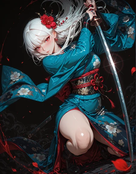masterpiece, best quality,high quality, newest, highres,8K,HDR,absurdres, 1girl, hair ornament, weapon, hair flower, sword, holding, flower, japanese clothes, solo, kimono, white hair, looking at viewer, holding weapon, holding sword, floral print, katana, ring, bangs, jewelry, red eyes, long hair, closed mouth, blush, glint, petals, long sleeves, blue kimono, black background, wide sleeves, boots, obi,
dynamic pose, dynamic composition,dutch angle, depth of field,dark_theme,detailed backgroud,foreshortening <lora:iLLMythG0thicL1nes:1> G0thicL1nes