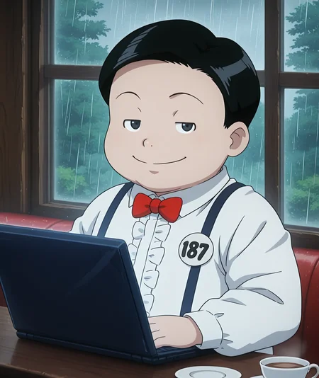 masterpiece, best quality, colorful, highres, detailed background, 8k, hdr, uhd, <lora:nicholas-v1:1> hxh-nicholas, 1boy, (young), (chubby), male focus, cafe, holding laptop, white frilled shirt, (badge 187), window, rain outdoors, teacup, cinematic ambiance, smile, half-closed eyes, looking at viewer, red bowtie, fogged window, 3/4 view, suspenders, dutch angle