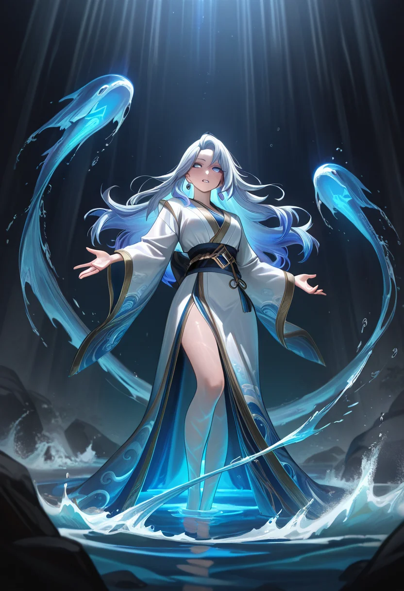 masterpiece, best quality, amazing quality, volumetric lighting, ,L0LSPL4SH, BREAK,A majestic anime illustration of a young woman summoning powerful streams of water in a dramatic combat pose. Her blue, multilayered robes are designed with extraordinary embroidery of waves and aquatic patterns, fluttering around her as she moves. Her expression is intense yet serene, her hair whipping around as glowing water forms intricate spirals in the air. The background depicts a rushing river surrounded by jagged rocks and glimmering mist, with every drop of water rendered in hyper-realistic detail.