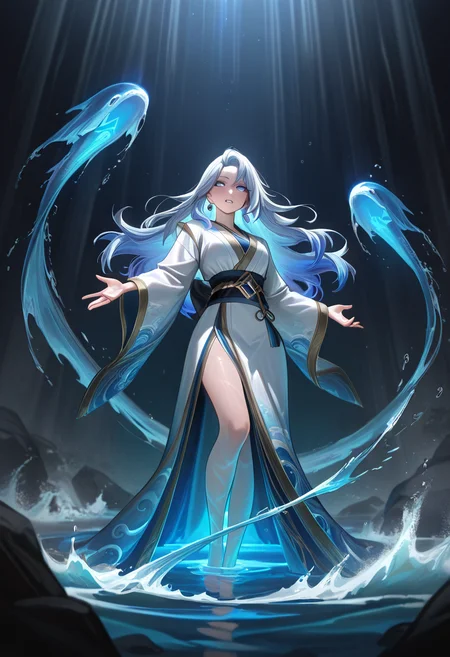 masterpiece, best quality, amazing quality, volumetric lighting, ,L0LSPL4SH, BREAK,A majestic anime illustration of a young woman summoning powerful streams of water in a dramatic combat pose. Her blue, multilayered robes are designed with extraordinary embroidery of waves and aquatic patterns, fluttering around her as she moves. Her expression is intense yet serene, her hair whipping around as glowing water forms intricate spirals in the air. The background depicts a rushing river surrounded by jagged rocks and glimmering mist, with every drop of water rendered in hyper-realistic detail.