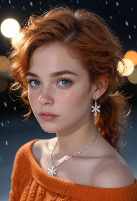 score_9, score_8_up, score_7_up, masterpiece, high quality, hyperrealistic, (melancholy), 8k, detailed face, detailed eyes, (warm colors, bokeh, Natural skin, Freckles) BREAK 
(Side view, extremely close portrait), 
very skinny beautiful girl, 18 years old, supermodel, looking past viewer, shy, most beautiful girl in the world, very short messy ginger hair, low ponytail, large curls, strand of hair in front of eye, beautiful ocean-blue eyes, ginger eyebrows, cute beautiful face, small pretty nose, slightly freckled skin, red feather earrings, elaborate complex rainbow necklace, small chest, off-shoulder warm orange knitwear sweater,
Warm lighting, black background, (snowing), snowflakes, snow,