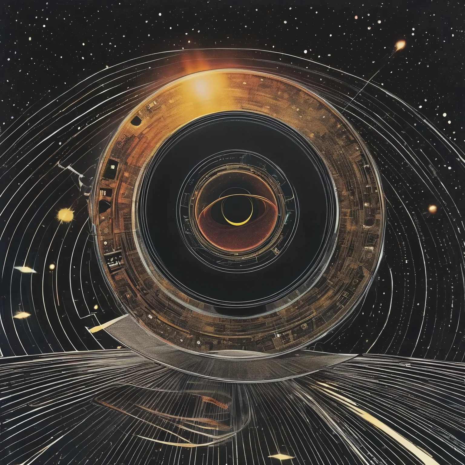 cosmic turntable, solar eclipse of planets:cd's orbiting huge Sun:star vinyl_LP, with solar flare over background grooves etched in universal vinyl LP_record Oort-Cloud, in background of infinite tangled unwound tape-casette-spool of spacetime, within black void, made of cd's