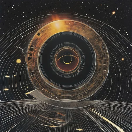 cosmic turntable, solar eclipse of planets:cd's orbiting huge Sun:star vinyl_LP, with solar flare over background grooves etched in universal vinyl LP_record Oort-Cloud, in background of infinite tangled unwound tape-casette-spool of spacetime, within black void, made of cd's