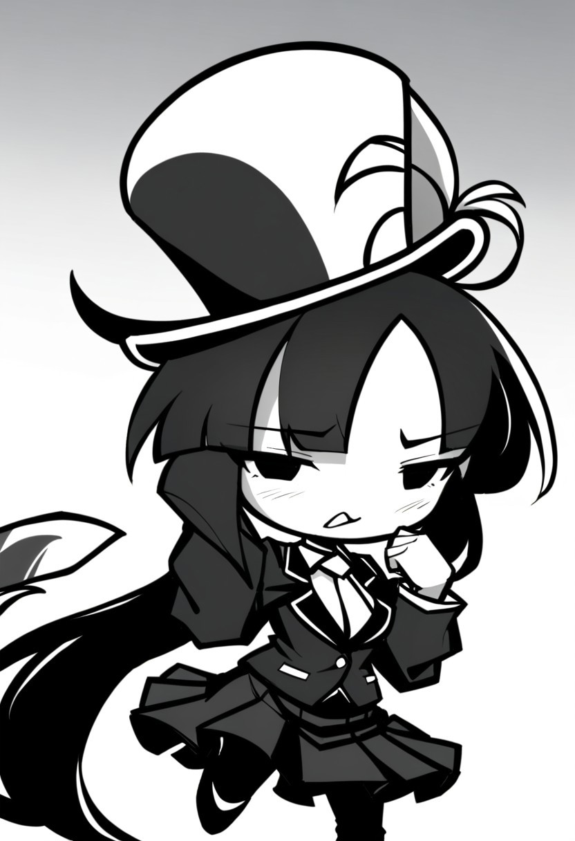 masterpiece, best quality, LITERALHAT'S MONOCHROME ART, 1girl,Black hair, Black eyes, Cartoon, Tophat, Black skirt, Black jacket, Monochrome, Black, White, Feather