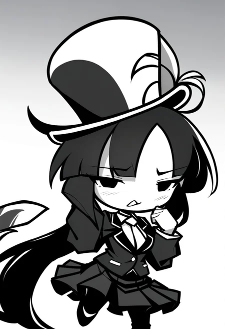masterpiece, best quality, LITERALHAT'S MONOCHROME ART, 1girl,Black hair, Black eyes, Cartoon, Tophat, Black skirt, Black jacket, Monochrome, Black, White, Feather