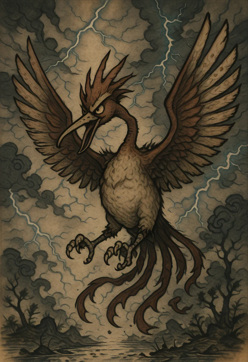 masterpiece, best quality, y0k4i, <lora:YokaiPokedex_IXL:1.3>, zzFearow, no humans, bird, animal focus, beak, <lora:FearowPokedexIXL:1.0>, caught mid-flight in a raging thunderstorm, lightning crackling around its wings, rain, feathers soaked but resilient, sharp beak, dark storm clouds swirling, dramatic lighting illuminating the scene