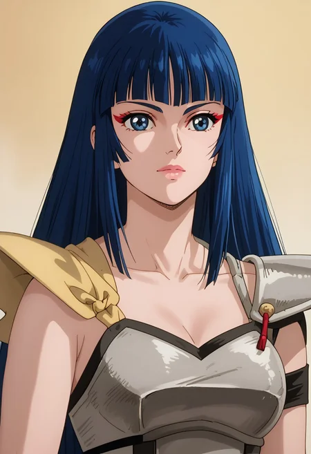 score_9, score_8_up, score_7_up, realistic, fine anime screencap_xl, anime screencap, ladykayura, kayura, ronin warriors, solo, 1girl, retro, blue hair, 1980s (style), bangs, long hair, blue eyes, portrait, makeup, samurai armor, shoulder armor, gloves, swords, katanas