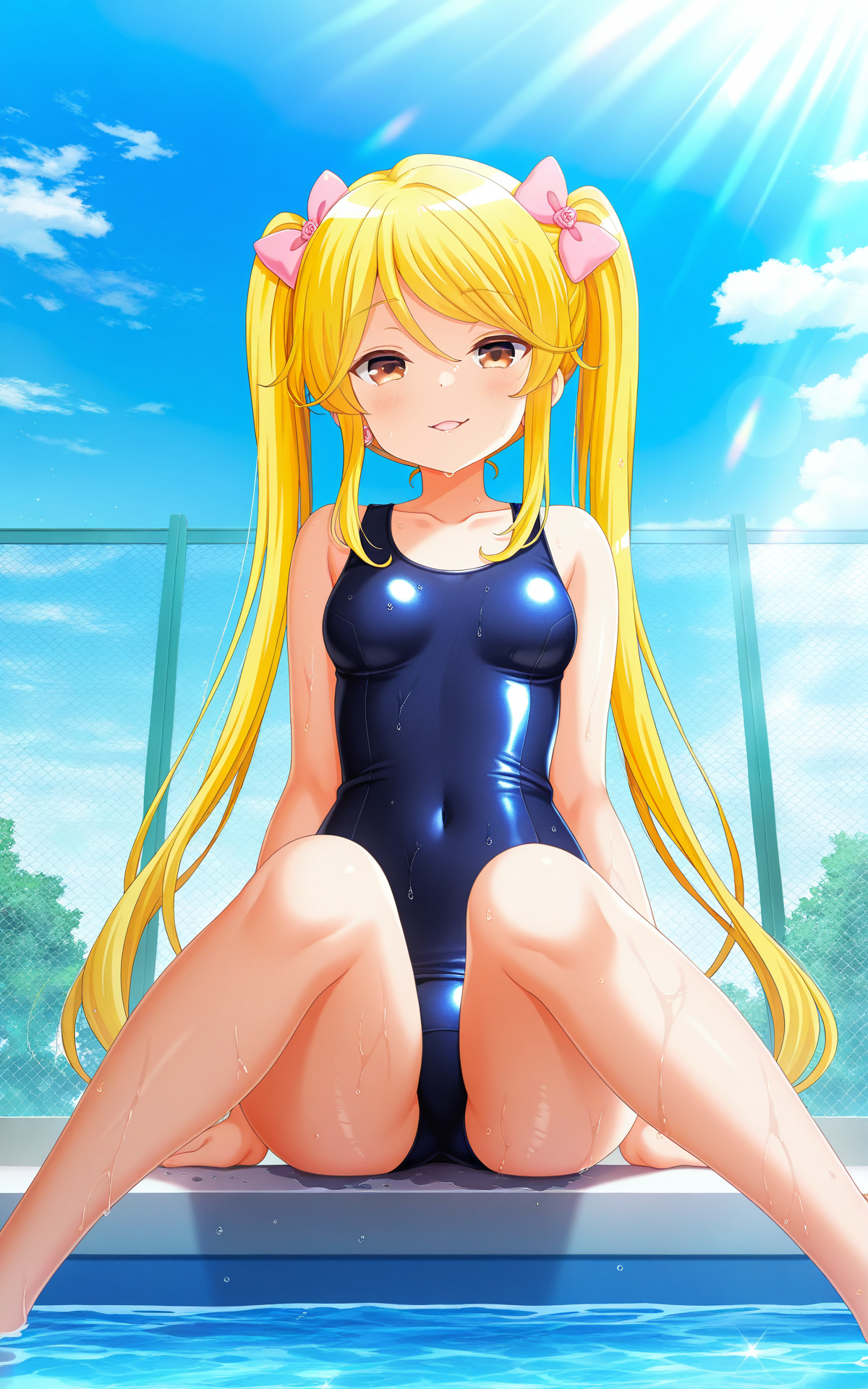 masterpiece,best quality,good quality,newest,4k,perfect lighting,cinematic,very aesthetic,official art,anime screencap,anime coloring,detailed fingers,blue sky,day,sunlight,chain-link fence, 
1girl,solo,tokitani koruri,blonde hair, twintails,long hair,pink hair bow,brown eyes,small breasts,
school swimsuit,blue one-piece swimsuit,wet,collarbone,skin tight,thighs,
looking at viewer,naughty face,half-closed eyes,parted lips,arms at sides,sitting,on poolside,knees up,legs apart,crotch focus,BREAK
<lora:ILkoruri:0.9>