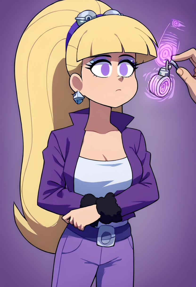 Pacifica hypnotized by bell to undress,
score_9, source anime, lewd, 1girl,
mind control, hypnotized, empty eyes, (hypnotic handbell), ringing handbell, disembodied hand, expressionless, blank stare,
undressing,
pacifica, blonde hair, makeup, ponytail,