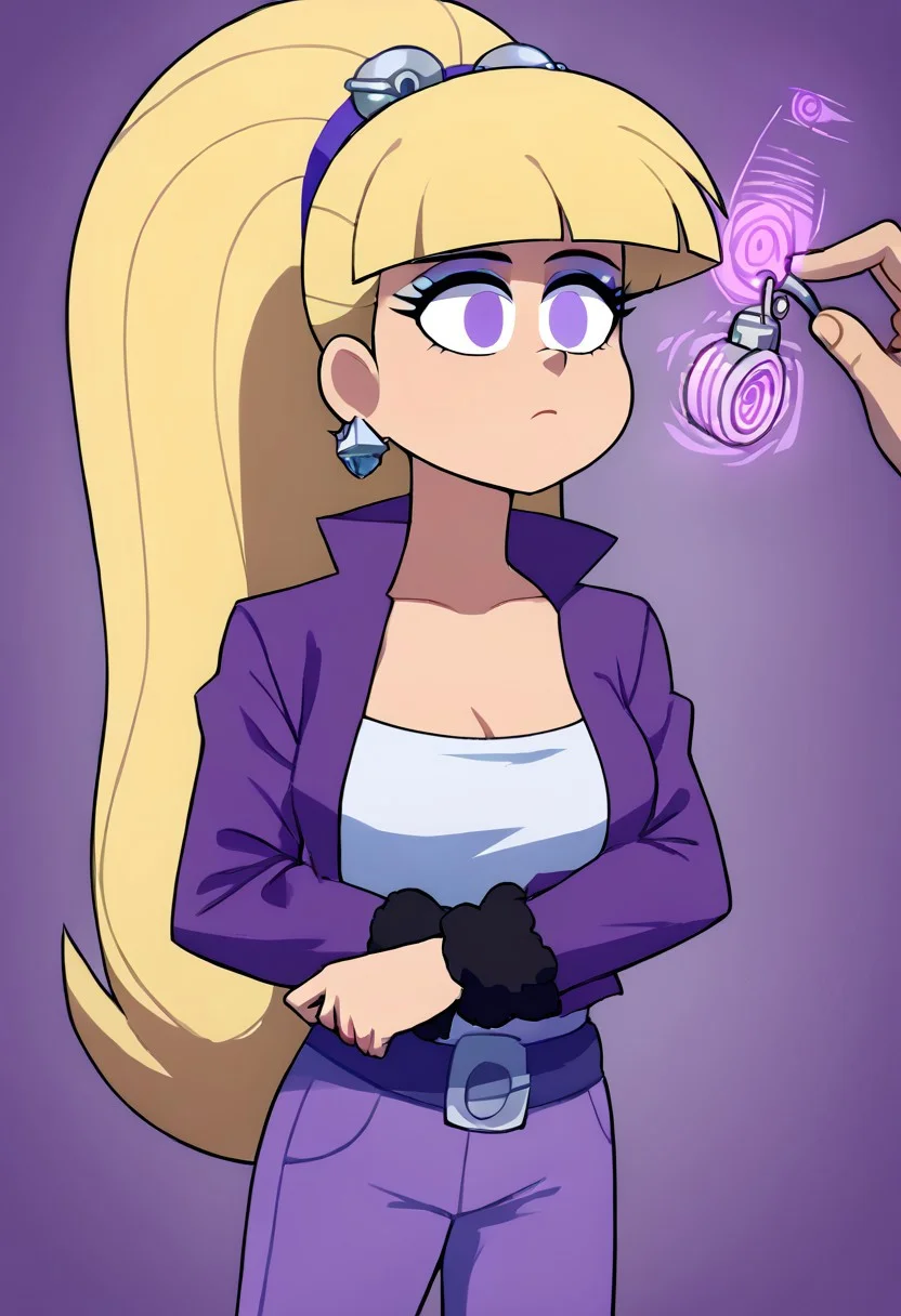 Pacifica hypnotized by bell to undress,
score_9, source anime, lewd, 1girl,
mind control, hypnotized, empty eyes, (hypnotic handbell), ringing handbell, disembodied hand, expressionless, blank stare,
undressing,
pacifica, blonde hair, makeup, ponytail,