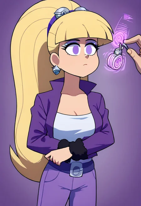 Pacifica hypnotized by bell to undress,
score_9, source anime, lewd, 1girl,
mind control, hypnotized, empty eyes, (hypnotic handbell), ringing handbell, disembodied hand, expressionless, blank stare,
undressing,
pacifica, blonde hair, makeup, ponytail,