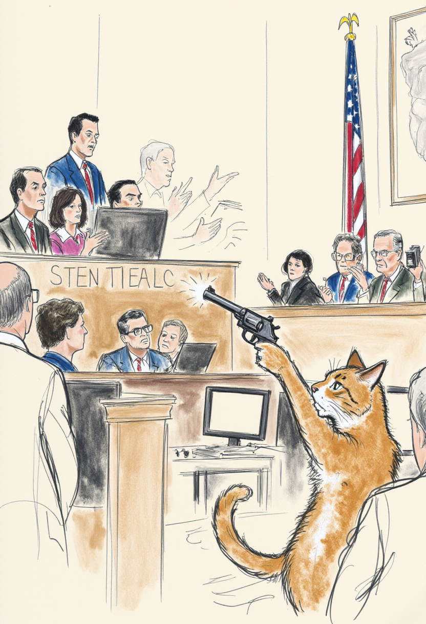 <lora:Courtroom_Sketch_Style_FLUX-000013:0.9>
This is a detailed, hand-drawn courtroom scene in a sketchy, watercolor style depicting a cat aiming a pistol at the jury.