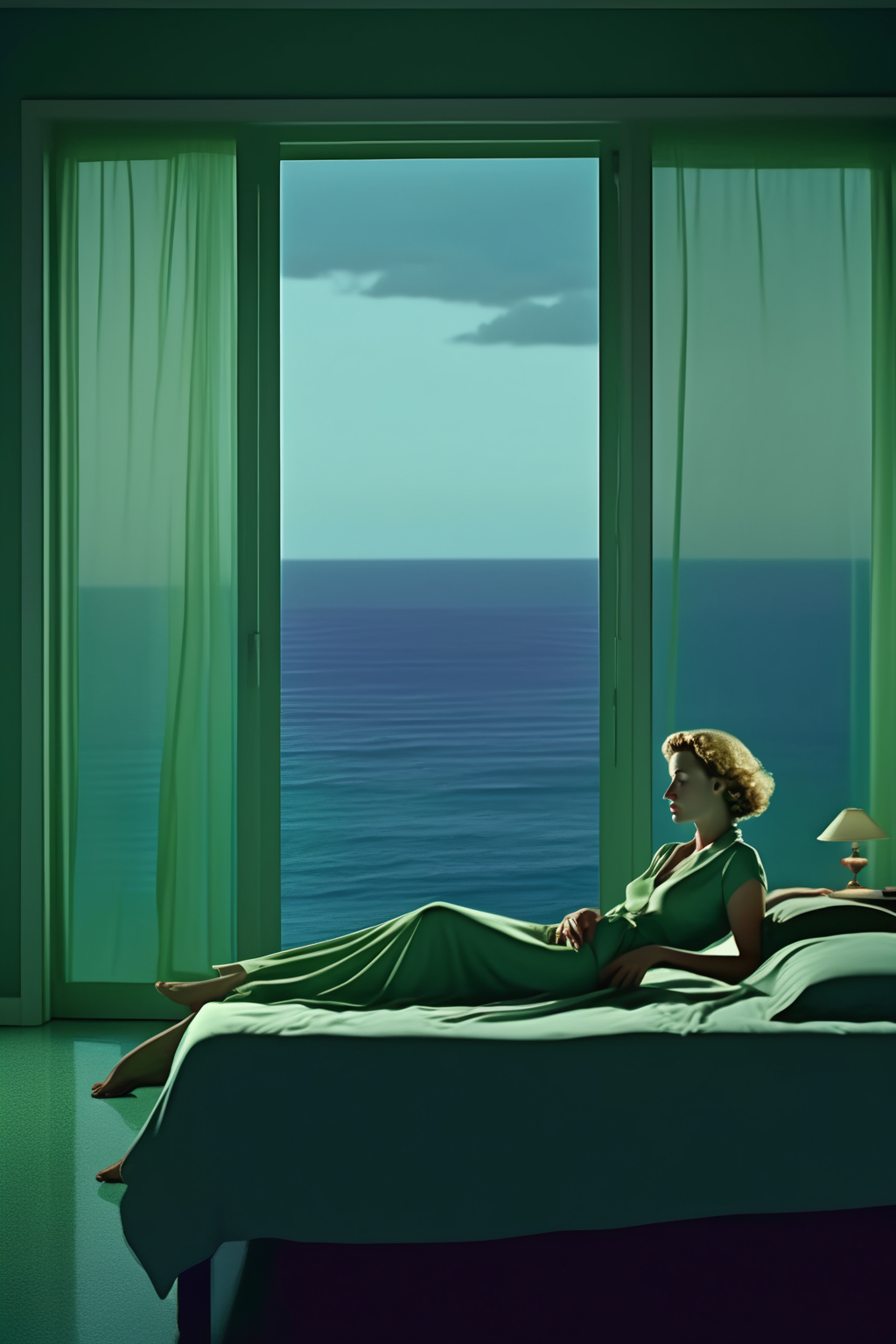 <lora:Director Gaspar Noe style:1>Director Gaspar Noe style - Master bedroom, very big balcony door background, a woman with eyes closed lying in beda window with ocean view, bed in the middle of the bedroom profil, in the style of philip-lorca dicorcia, green, jason rhoades, in the style of gregory crewdson, tonalist color scheme, site-specific, vertigo green hotel room colour, very wide shot