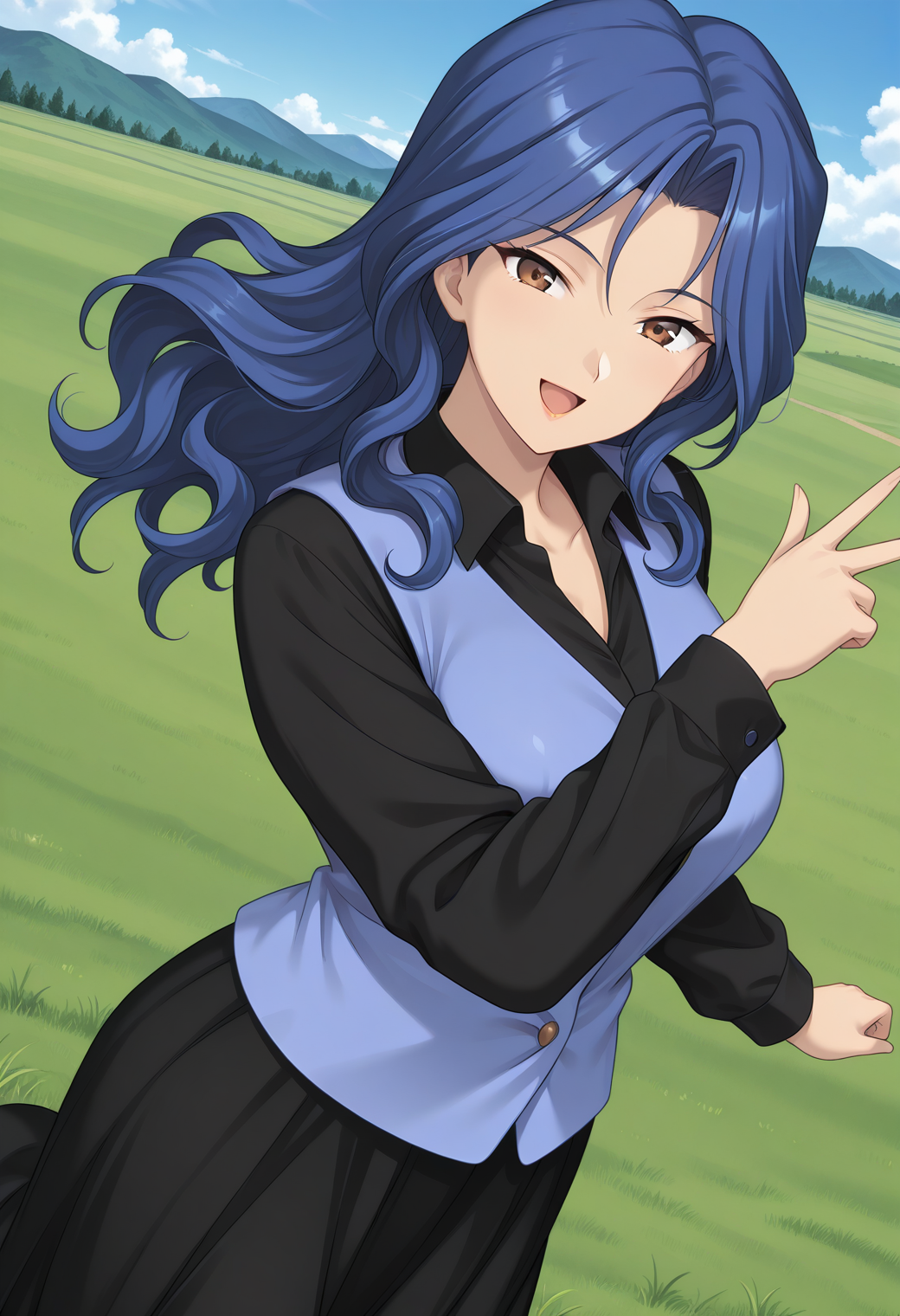 kuon_saya, brown eyes, blue hair, long hair, mature female, blue vest, black shirt, long sleeves, shirt, black skirt, <lora:kuon_saya_illustrious_ver1:0.8> 
smile, open mouth,, 1girl, solo, blue sky, (grasslands:1.2), looking at viewer,, masterpiece, best quality, general,, (cowboy shot, dynamic pose:1.4),