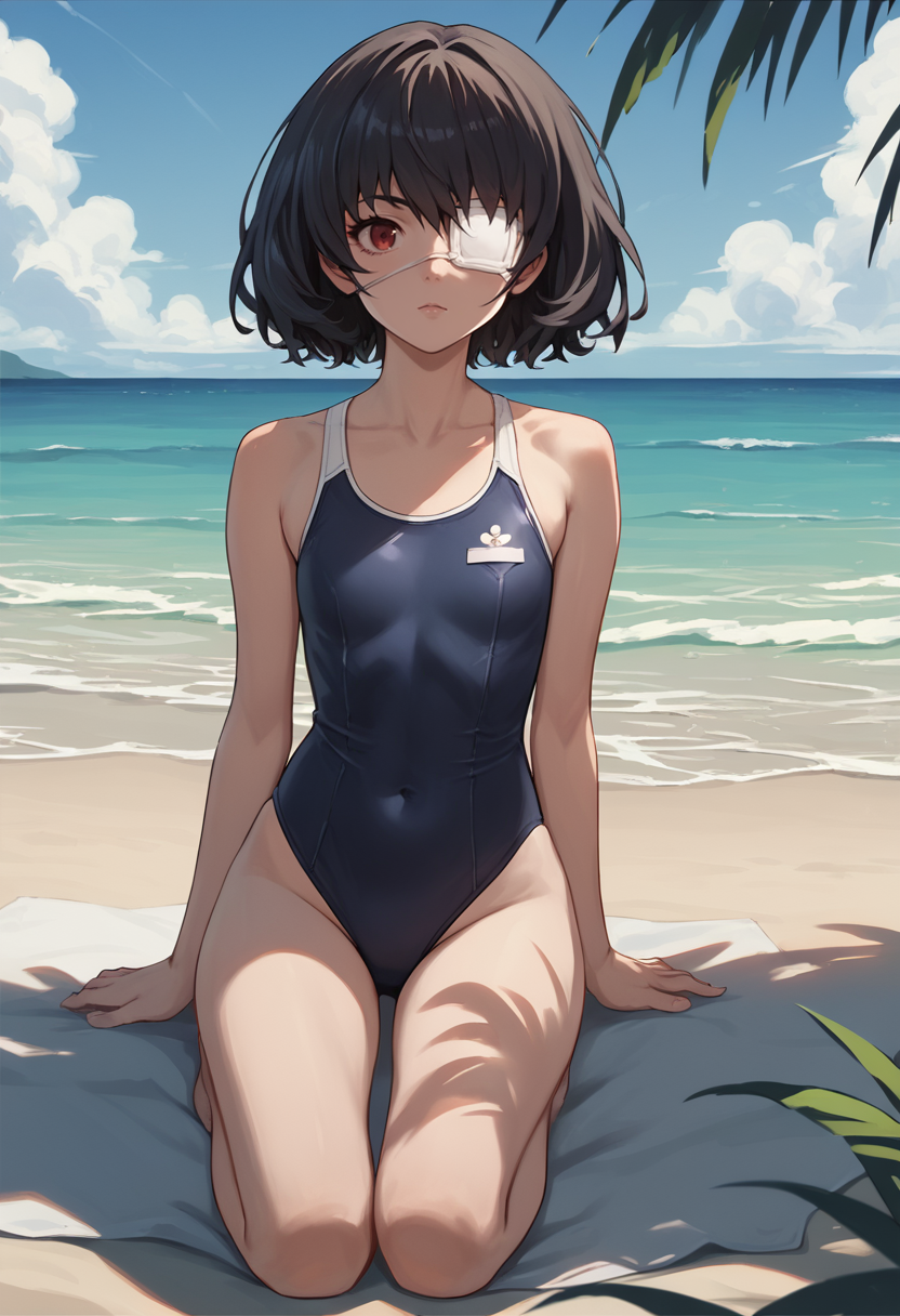score_9, score_8_up, score_7_up,  source anime,  1girl, mskr, black hair, short hair, red eyes, eyepatch,  beach, looking at viewer, one-piece swimsuit,     <lora:Misaki Mei REX-000008:1>
