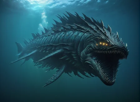 <lora:Leviathan_XL:1> leviathan a sea monster, underwater, under the ocean, depths, (masterpiece), best quality, highres, 4k, 8k, intricate detail, cinematic lighting, amazing quality, amazing shading, soft lighting, gloomy colors, dark aura, horror