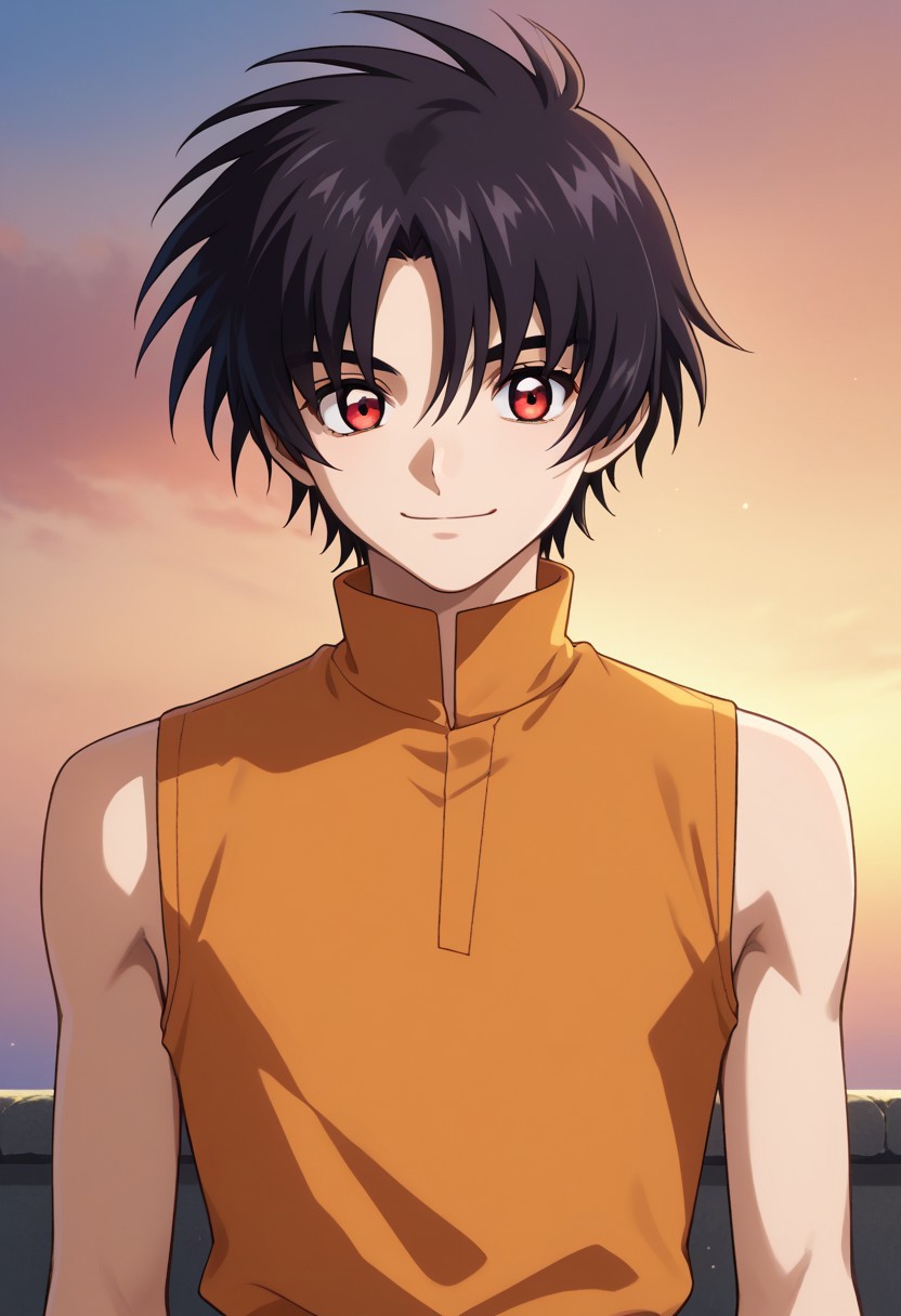 score_9, score_7_up, source_anime 
shinn, 1boy, male focus, solo, red eyes, black hair, shirt, orange shirt, sleeveless, upper body, smile
outdoor, sky,