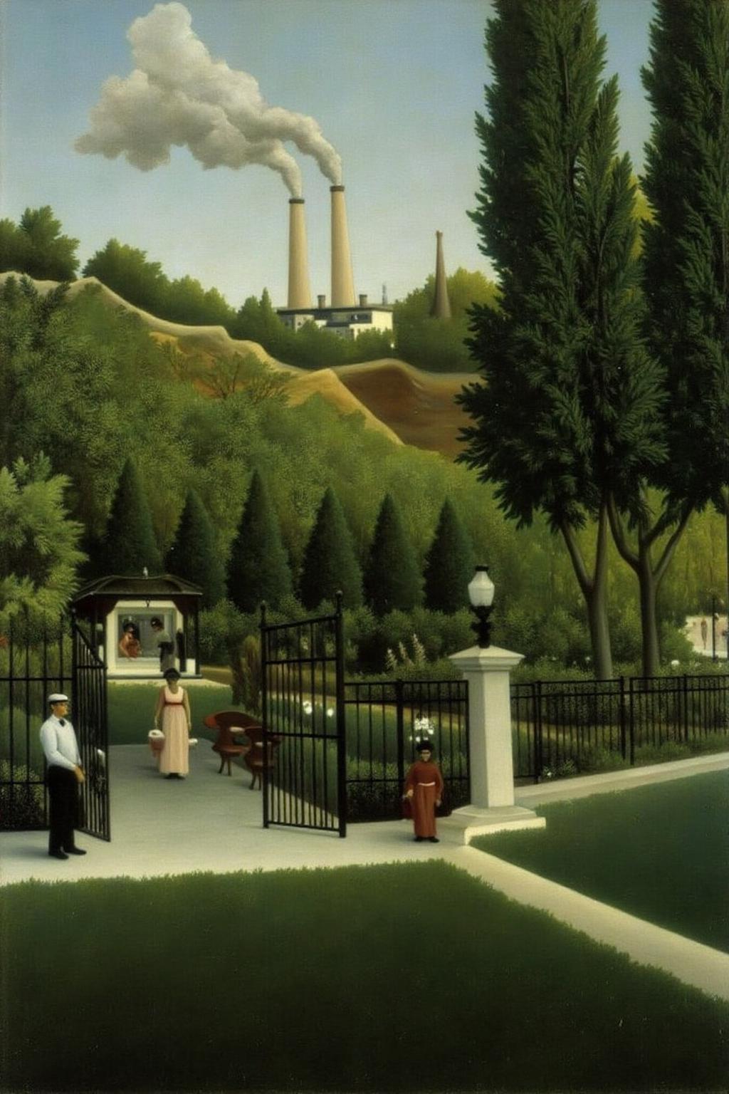 henrirousseau2 painting.
The scene depicts a lush garden with a mix of natural and industrial elements. The background features a hillside covered in dense green foliage, with two tall, cylindrical chimneys rising above the trees, hinting at industrial structures in the distance. On the left there is an open iron gate, with a man standing behind it. <lora:henrirousseau2_cap_d6a3:1.0><lora:834018847427157332:0>