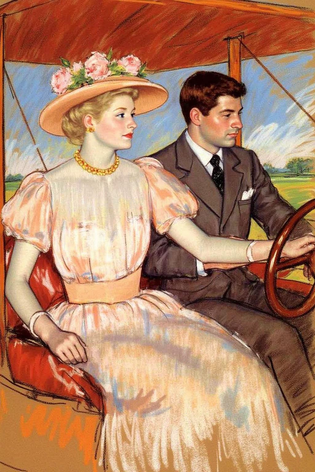 marycassatt2 drawing.
A romantic scene of a couple on a vintage biplane. The woman, in the foreground, is a stylish woman with curly blonde hair adorned with a flower garland and wearing a light, flowing, peach-colored dress with a wide belt, a matching hat, and gloves. The man is piloting the biplane with his hands firmly on the steering wheel. <lora:marycassatt2_cap_d6a3:1.0><lora:840704264671097255:0>