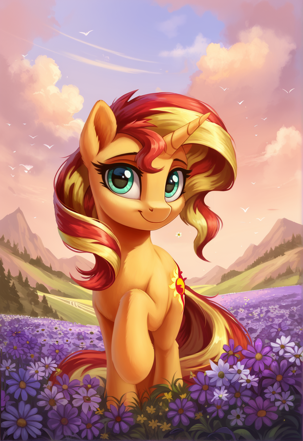 score_9, score_8_up, score_7_up, score_6_up, score_5_up, score_4_up, rating_safe, sunset shimmer, female, mare, pony, solo, unicorn, cute, flower, high res, hill, looking at you, scenery, sweet dreams fuel, smiling, g4, detailed, beautiful, <lora:Wholesome-MLP-v1.4b:1>