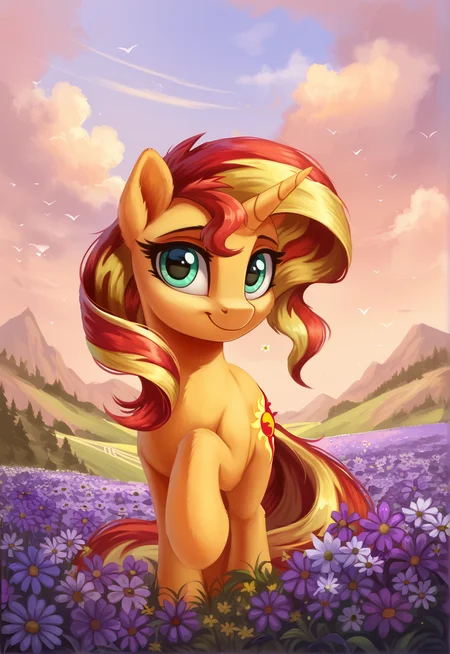 score_9, score_8_up, score_7_up, score_6_up, score_5_up, score_4_up, rating_safe, sunset shimmer, female, mare, pony, solo, unicorn, cute, flower, high res, hill, looking at you, scenery, sweet dreams fuel, smiling, g4, detailed, beautiful, <lora:Wholesome-MLP-v1.4b:1>