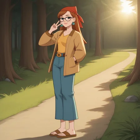 score_9, score_8, BREAK, bandana, auburn hair, glasses, freckles, lips, peace symbol earrings, yellow long sleeves, brown mini-jacket, long jeans, flip flops, total drama, miles_(\total_drama\), belt, black eyes, sexy pose, smile, outdoors, sunlight, shadows, evening lighting, natural lighting, forest, trees, grass, orange sky, sunset