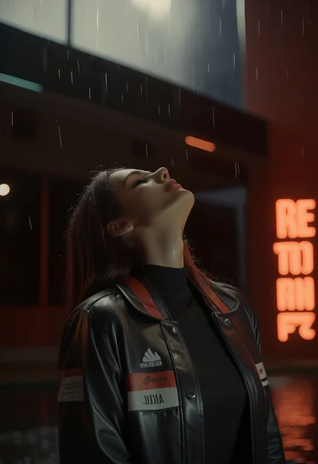 score_9, score_8_up, score_7_up, score_6_up, cinematic, cinema shot, film grain, depth of field, rain, jacket, solo, looking up, blurry, black shirt, shirt, realistic, 1girl, outdoors, blurry background, night, upper body, brown hair, long hair, closed eyes, black jacket, open clothes, head back, open jacket, boke, (dark:1.2)