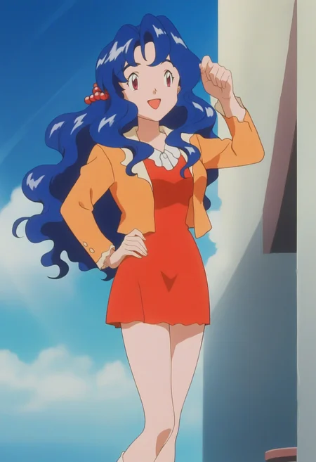 score_9, score_8_up, score_7_up, score_6_up, anime screencap, anime coloring, <lora:PMViolet3:0.9>, PMViolet, 1girl, solo, blue hair, long hair, purple eyes, wavy hair, bangs, hair bobbles, medium breasts,
orange jacket, red dress, white shoes,
smile, open mouth, hand on own hip, 
BREAK cafe, blue sky, sunlight