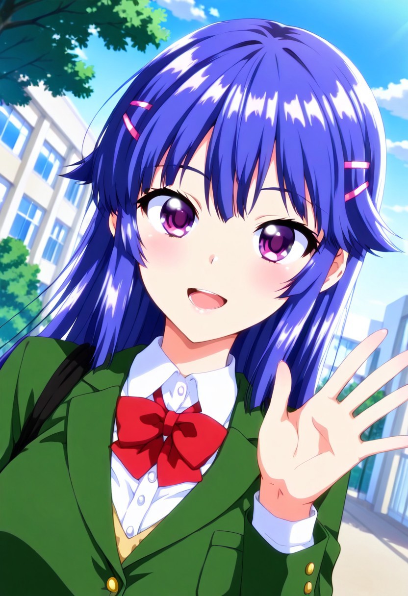 general,highres, ultra-detailed,very aesthetic,best quality ,best hands,best eyes,easynegative,
dynamic anglre, dutch angle, anime cloring,
1girl solo,looking at viewer,school, outdoors, smile,open mouth,waving hand, 
Chiduru Shiina, blue hair, purple eyes, long_hair,hairclips,school uniform,