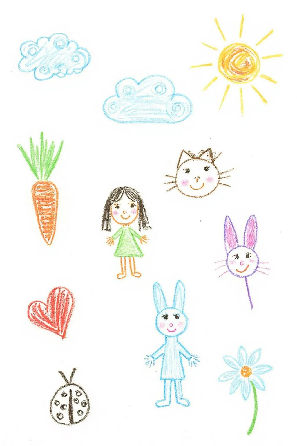 This image is a colorful, whimsical drawing, depicting various playful, childlike illustrations. The background is white, providing a stark contrast to the vibrant colors used in the drawings. At the top left, there is a stylized drawing of a carrot with green tops. Next to it, a small, simple cloud with blue and white swirls is depicted. Above the carrot, a bright orange sun with rays extending outward is drawn. The are faces of a cat, a girl, a body, a blue rabbit, a red heart, and a flower. There is a lady bug at the bottom of the drawing. <lora:5yocrayon1_cap_d6a3e12:1.0><lora:822103190808839883:0>