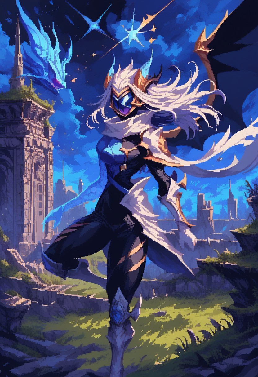 score_9, score_8_up, score_7_up, ultra quality, d3p1x3l, pixel art, scenery, solo, 1girl, Drxkin, dragon horns, long hair, white hair, helmet, faceless, mask, action pose, action shot, middle air, official altrernative costume, multicolored bodysuit, scarf, single shoulder cape, armor, waist armor, black bodysuit, blue bodysuit, white gloves, structure surrounded by lush green court, cosmic sky with shooting stars, floating islands, nostalgic yet futuristic style.
