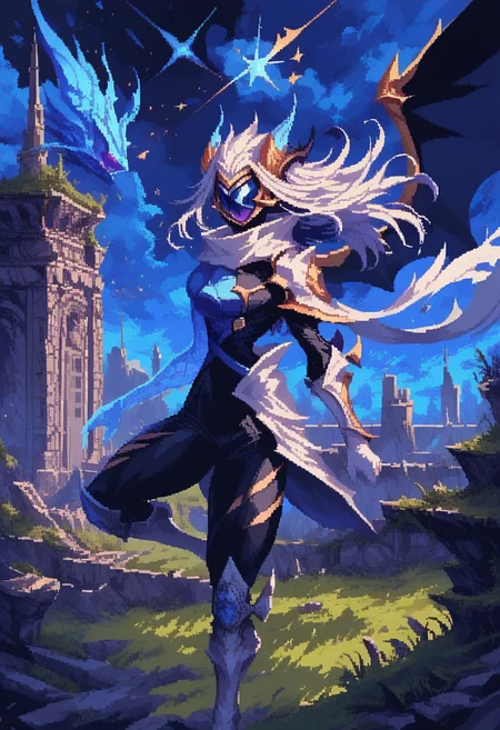 score_9, score_8_up, score_7_up, ultra quality, d3p1x3l, pixel art, scenery, solo, 1girl, Drxkin, dragon horns, long hair, white hair, helmet, faceless, mask, action pose, action shot, middle air, official altrernative costume, multicolored bodysuit, scarf, single shoulder cape, armor, waist armor, black bodysuit, blue bodysuit, white gloves, structure surrounded by lush green court, cosmic sky with shooting stars, floating islands, nostalgic yet futuristic style.