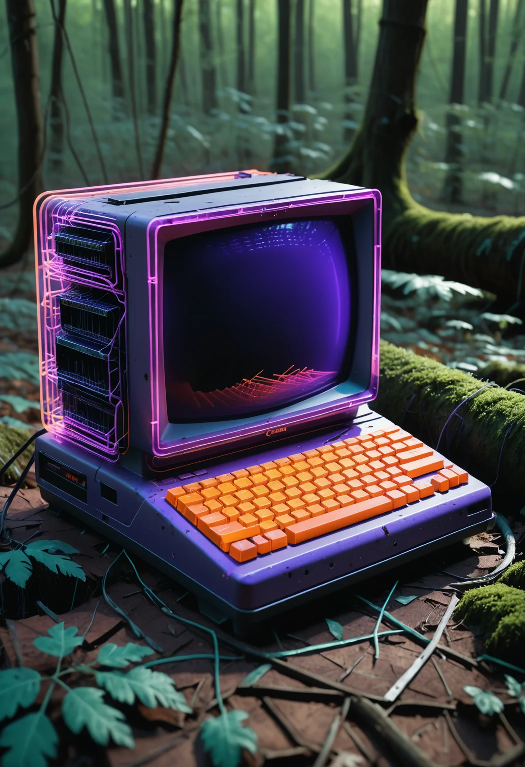(Ombre color scheme of neon purple ,neon light purple,neon orange ) <lora:World_of_Filaments:0.8> made of, tiny neon filaments, w0f1l, Retro MAC desktop computer abandoned in the woods, canon EOS 5D, extremely intricate detail, dramatic lighting, shot on Leica, moody aesthetic