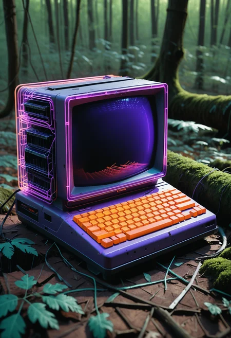 (Ombre color scheme of neon purple ,neon light purple,neon orange ) <lora:World_of_Filaments:0.8> made of, tiny neon filaments, w0f1l, Retro MAC desktop computer abandoned in the woods, canon EOS 5D, extremely intricate detail, dramatic lighting, shot on Leica, moody aesthetic