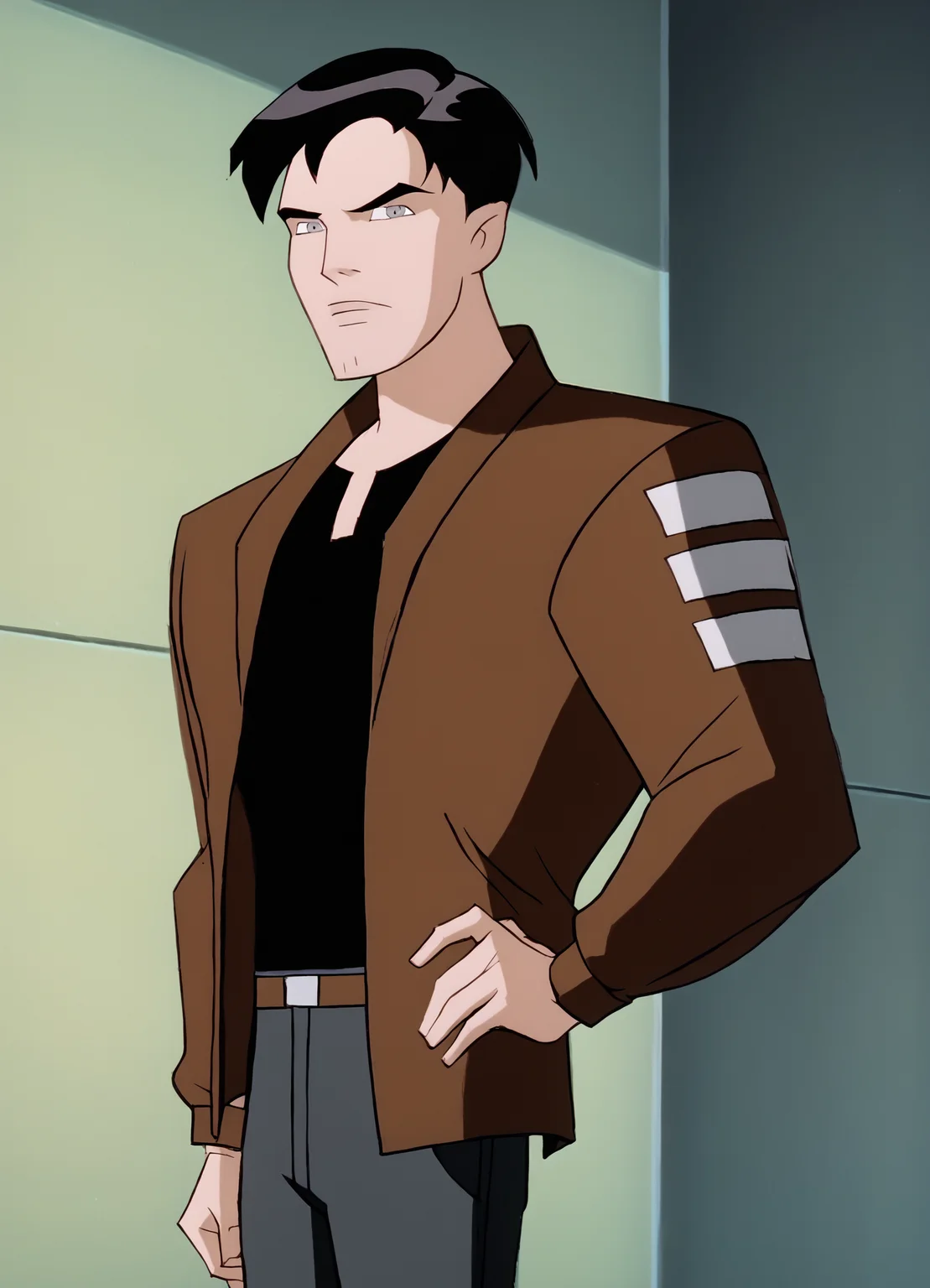 <lora:BatmanBeyondPony1.0:1>bmb, 1boy, solo, male focus,grey eyes, black hair, short hair, black shirt, brown jacket, pants, score_9, score_8_up, score_7_up, score_6_up, score_5_up, score_4_up, looking at viewer, hand on own hip, cowboy shot,