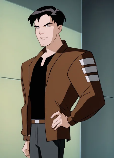 <lora:BatmanBeyondPony1.0:1>bmb, 1boy, solo, male focus,grey eyes, black hair, short hair, black shirt, brown jacket, pants, score_9, score_8_up, score_7_up, score_6_up, score_5_up, score_4_up, looking at viewer, hand on own hip, cowboy shot,