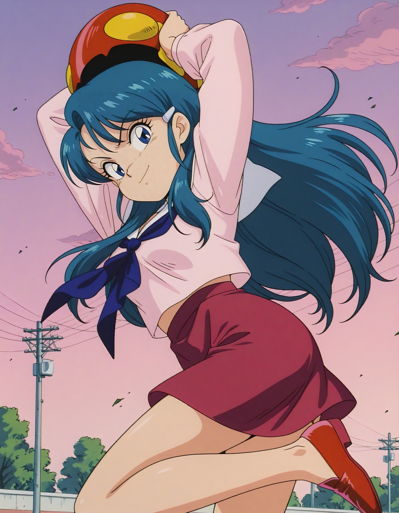 anime artwork (key:-1.5), <lora:Hyper-SDXL-8steps-lora:1>,
masterpiece,best quality,highres,source_anime,anime screencap,anime coloring,megami magazine,sidelighting,shiny luminous,shiny skin,
<lora:kuki_rei_IL:1>,
kuki rei, kuki rei_seifuku, 1girl, solo, long hair,  blue eyes, shirt, skirt, long sleeves, blue hair, school uniform, shoes, serafuku, sailor collar, neckerchief, red skirt, red footwear, blue neckerchief,
cowboy shot, one leg up, from side,  angry, looking at viewer,
arms up, outdoors, ,  smile,pitching, from below, 
 . anime style, key visual, vibrant, studio anime,  highly detailed