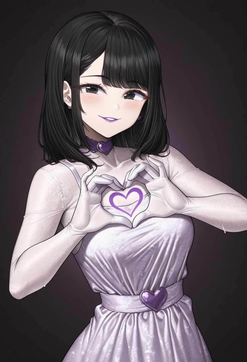 1girl, solo, medium build, medium hair, sfw, safe for work, covered skin, flowy dress,  black eyes, purple lipgloss, smiling, portrait, upper body, heart hands, foreshortening, detailed, newest,, kuze