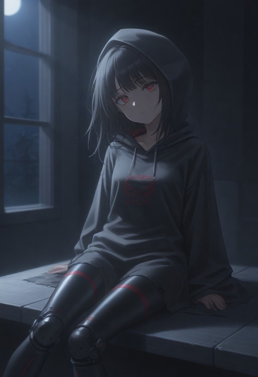 IsomerMob, hood, hood up, black hair, bangs, hooded cloak, red eyes, long hair, black cloak, mechanical legs, torn clothes,
looking at viewer, head tilt, closed mouth, 
window, dark, night, night sky, 
score_9, score_8_up, score_7_up, 1girl, solo, solo focus, highres, absurdres, light particles, shade, lens flare, shiny skin, fine fabric emphasis,